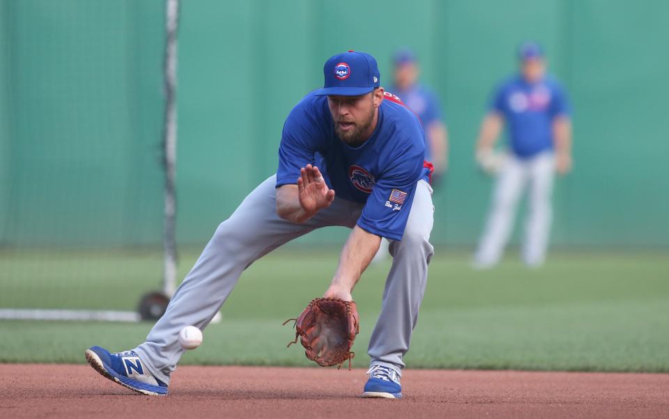 Ben Zobrist takes infield practice with the Chicago Cubs before a Sept. 24, 2019 game against the Pittsburgh Pirates.