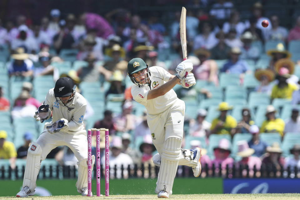 Australia's Marnus Labuschagne bats on day two of the third cricket test match between Australia and New Zealand at the Sydney Cricket Ground in Sydney, Australia Saturday, Jan. 4, 2020. (Andrew Cornaga/Photosport via AP)