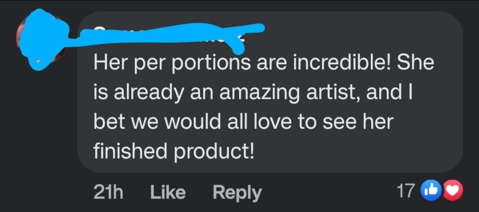 Social media comment praising an artist's work, expressing eagerness to see the finished product, well-received with likes