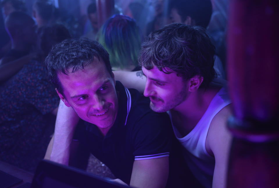 This image released by Searchlight Pictures shows Andrew Scott, left, and Paul Mescal in a scene from "All of Us Strangers." (Parisa Taghizadeh/Searchlight Pictures via AP)