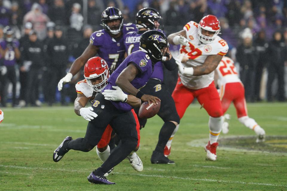 Ravens quarterback Lamar Jackson is sacked by Chiefs defensive end Mike Danna during the second half. The Chiefs sacked Jackson four times.