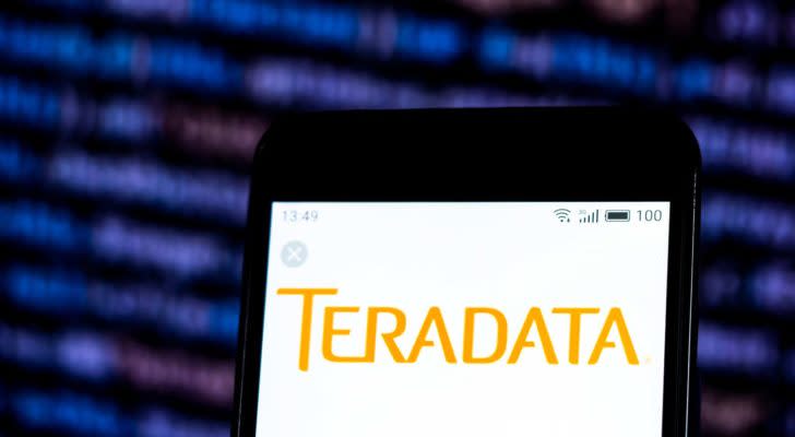 mobile phone screen displaying teradata (TDC) logo, representing cheap stocks to buy