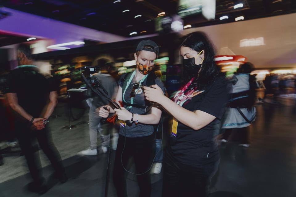 Sorrenti and her friend Ellen setting up a livestream at the TwitchCon Expo Hall. (NBC News)