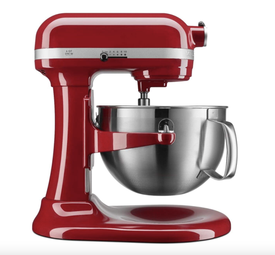 red KitchenAid 6-qt 590 W Bowl Lift Mixer with stainless steel bowl