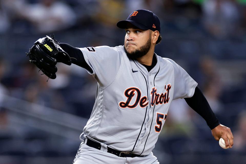 Detroit Tigers starting pitcher Eduardo Rodriguez throws to a New York Yankees batter during the first inning on Sept. 7, 2023, in New York.