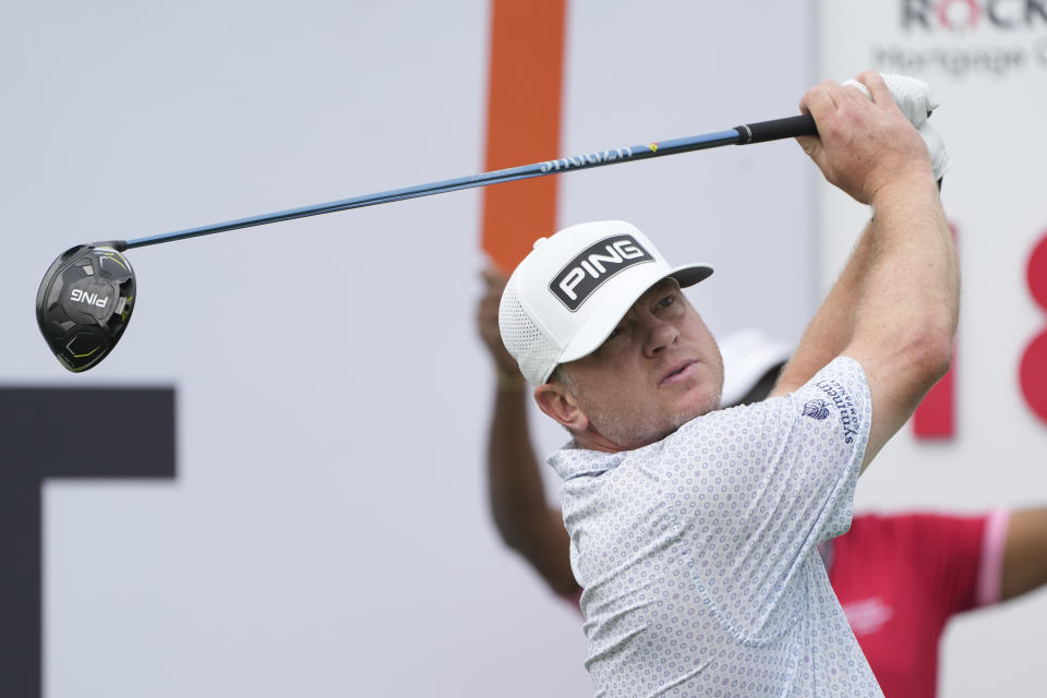 FILE - Nate Lashley drives off the 18th tee during the first round of the Rocket Mortgage Classic golf tournament at Detroit Country Club, Thursday, June 29, 2023, in Detroit. Lashley thinks the PGA Tour should not be giving $100 million to 20 players in a bonus program based on star power. (AP Photo/Carlos Osorio, File)