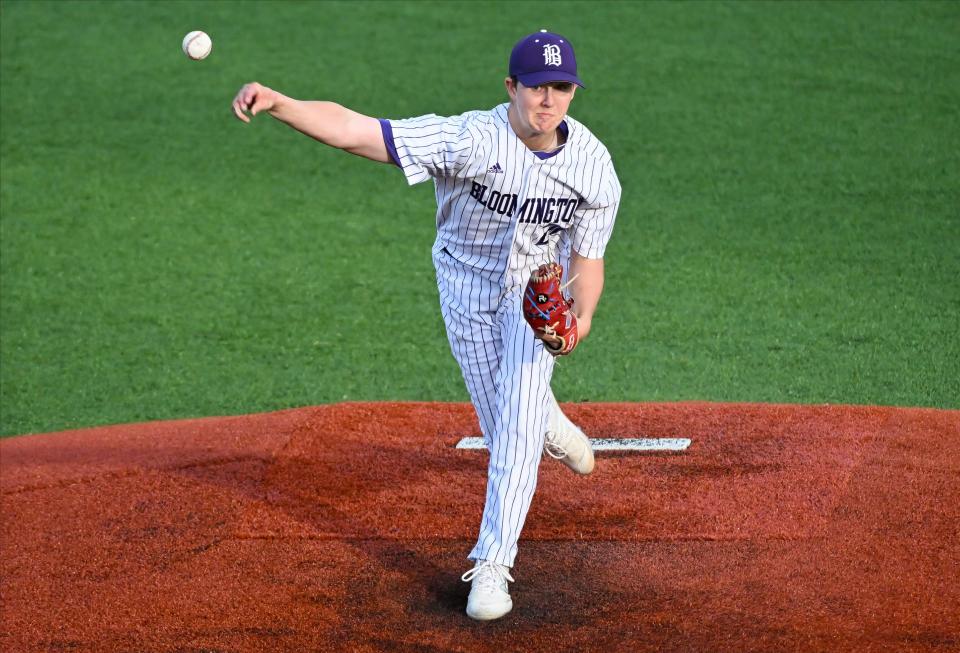 Bloomington South’s Xavier Hemingway pitches during the baseball game against Bloomington North at South on Thursday, April 25, 2024.