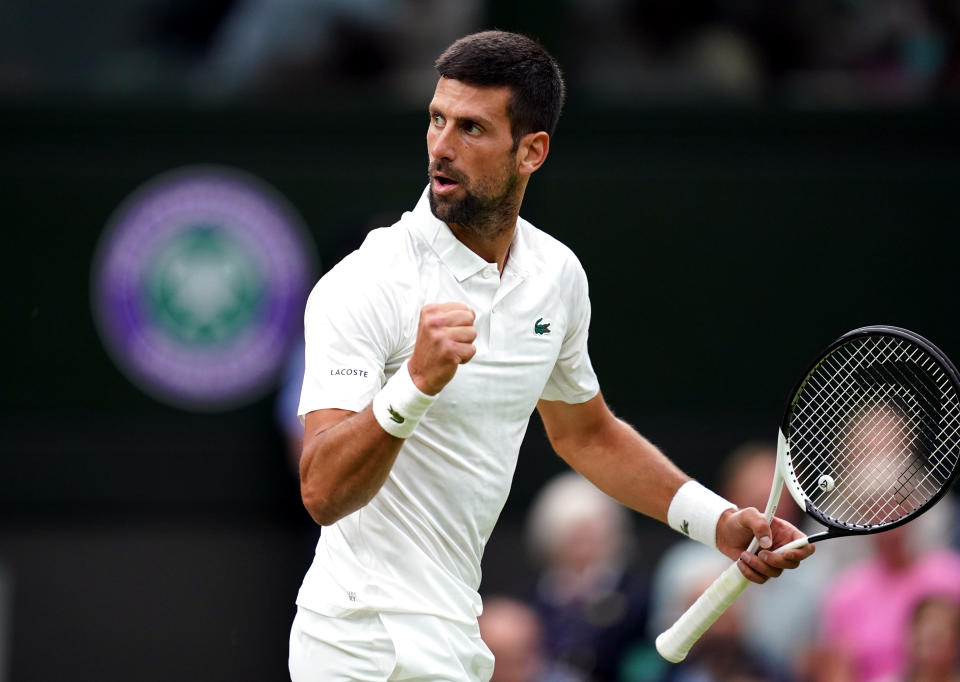 Novak Djokovic reacts during the Gentlemen's Singles semi-final match against Jannik Sinner on day twelve of the 2023 Wimbledon Championships at the All England Lawn Tennis and Croquet Club in Wimbledon. Picture date: Friday July 14, 2023. (Photo by John Walton/PA Images via Getty Images)