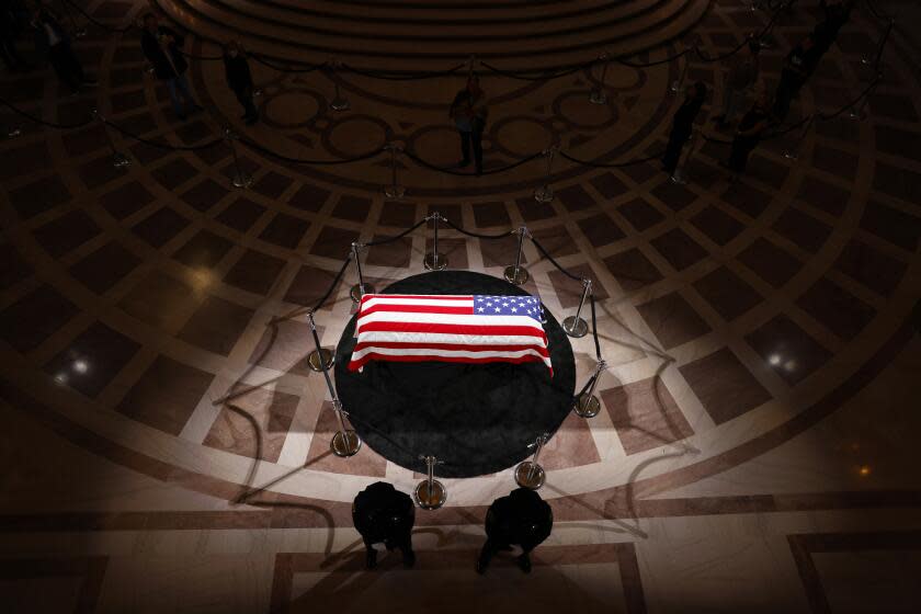San Francisco, CA - October 04: The late Senator Dianne Feinstein(D-CA) lies in state during a ceremony to honor the senator from California at San Francisco City Hall on Wednesday, Oct. 4, 2023, in San Francisco, CA. (Gina Ferazzi / Los Angeles Times)