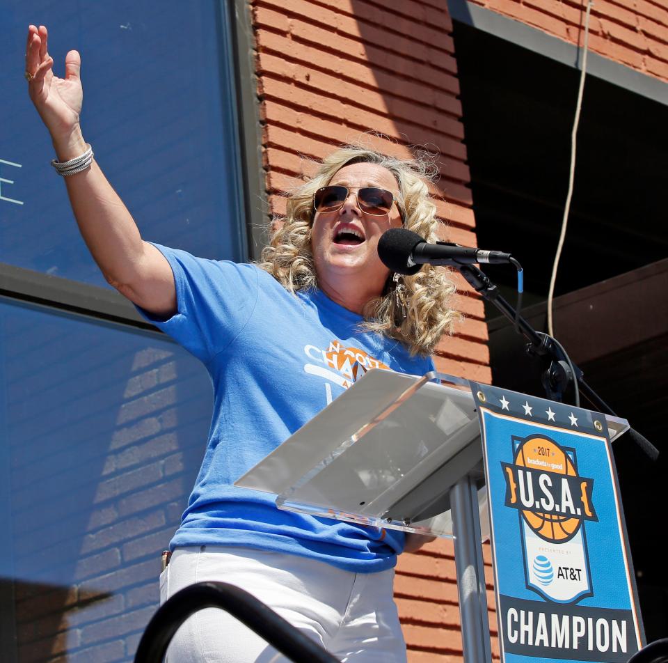 Allied Arts President and CEO Deborah McAuliffe Senner speaks during Allied Arts' Brackets for Good Championship Celebration in Automobile Alley in Oklahoma City, Wednesday, June 28, 2017. Allied Arts won the Brackets for Good USA competition, earning a $100,000 donation from AT&T.