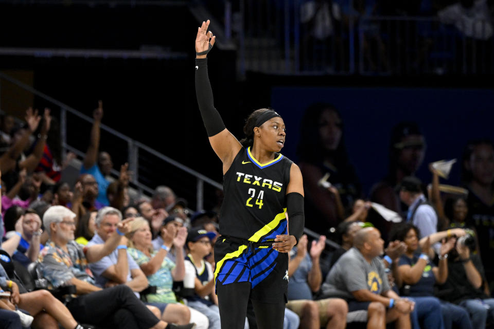 Dallas Wings guard Arike Ogunbowale celebrates during a game in July at College Park Center in Arlington, Texas. (Jerome Miron/USA TODAY Sports)