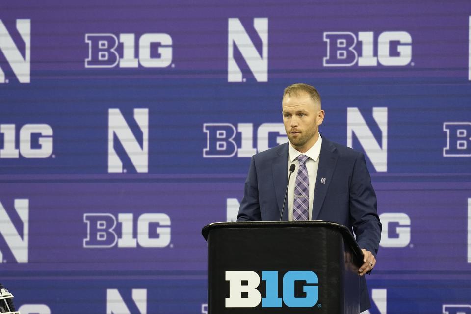 Northwestern interim head coach David Braun speaks during an NCAA college football news conference at the Big Ten Conference media days at Lucas Oil Stadium, Wednesday, July 26, 2023, in Indianapolis. (AP Photo/Darron Cummings)