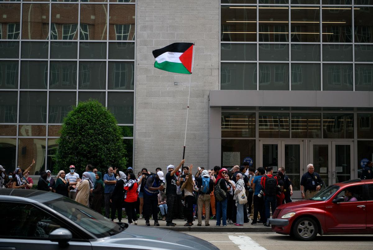 University of Houston students protest outside of the Harris County Joint Processing Center following the arrest of two students at a on campus protest to defend the UH encampment in Houston, Texas, US, on Wednesday, May 8, 2024.