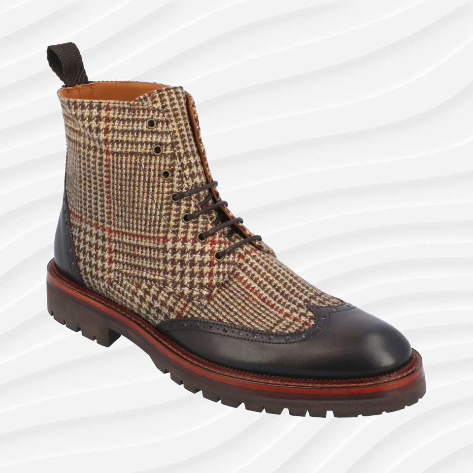 the taft livingston boot in plaid on a white background