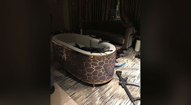 View of Stephen Paddock’s room at the Mandalay Hotel showing weapons he may have used during his mass shooting at the Route 91 Harvest country music festival in Las Vegas on Oct 1, 2017. Source: Anonymous via Yahoo US