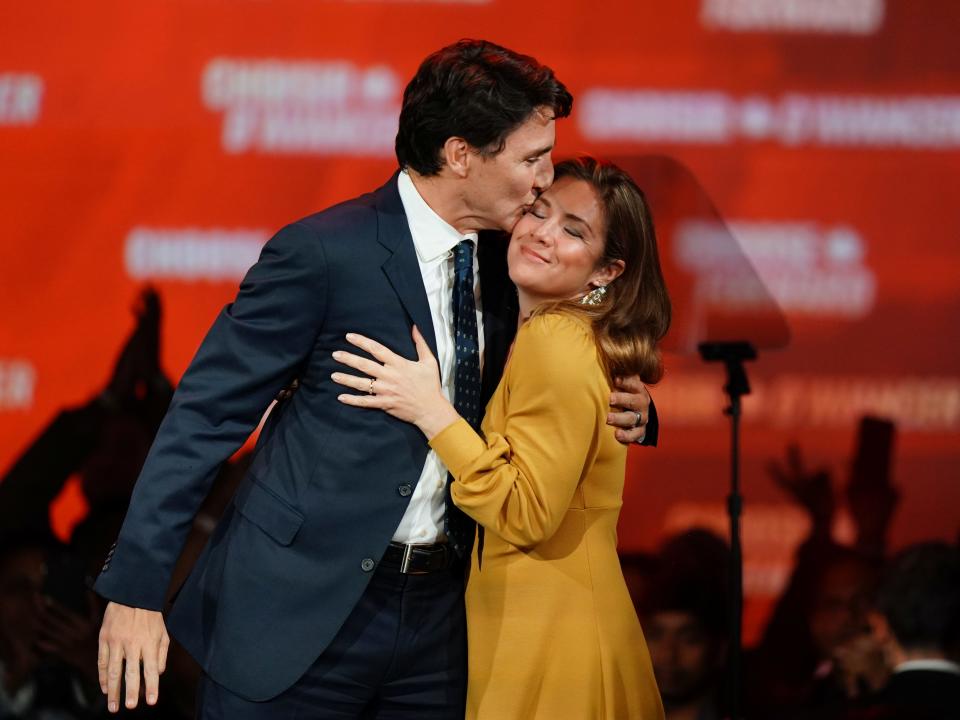 Liberal leader and Canadian Prime Minister Justin Trudeau kisses his wife Sophie Gregoire Trudeau after the federal election at the Palais des Congres in Montreal, Quebec, Canada October 22, 2019.