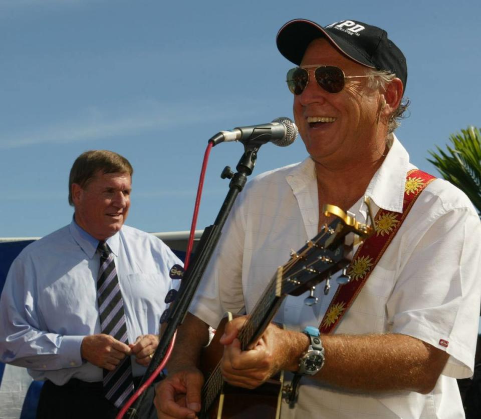 In 2002 in West Palm Beach, Jimmy Buffett appears at a campaign event for Florida gubernatorial candidate Bill McBride.