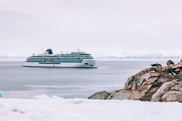 <p>Courtesy of Viking Cruises</p> Viking Polaris in Antarctica.