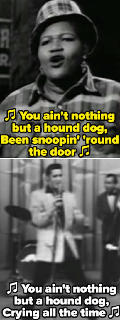 Big Mama Thornton singing "Hound Dog" on TV; Presley singing "Hound Dog" on TV