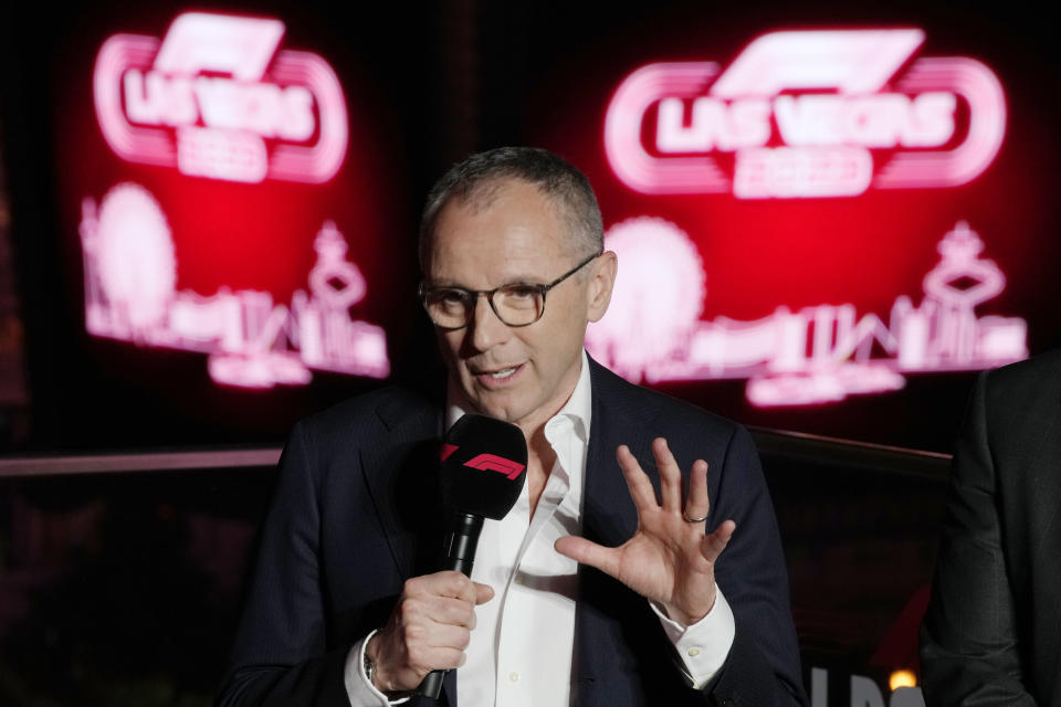 FILE - Stefano Domenicali, president and CEO of Formula 1, speaks during a news conference announcing a 2023 Formula One Grand Prix race for Las Vegas, Wednesday, March 30, 2022, in Las Vegas. There’s no such thing as a flawless first-year event, so go ahead and accept there will be bumps and bruises in Formula One’s $500 million Las Vegas Grand Prix. (AP Photo/John Locher, File)