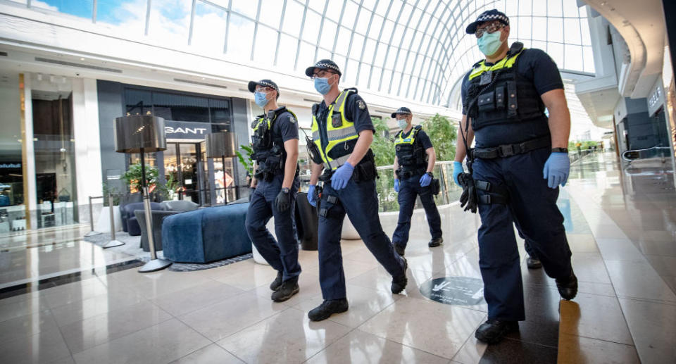 Pictured are Victoria Police officers at Chadstone Shopping Centre on September 20, 2020 in Melbourne, Australia.