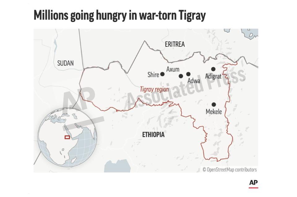 This preview image of an AP digital embed shows a map of the Tigray region in Ethiopia. More than 4.5 million people, or nearly the entire population, need emergency food. (AP Digital Embed)