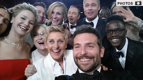 ellen's oscars selfie. brad pitt, j. law, jared leto, meryl streep, angelina jolie.