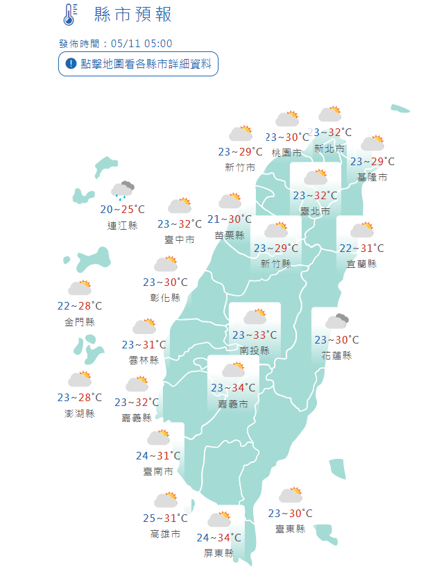 5/11全台縣市氣溫。中央氣象署