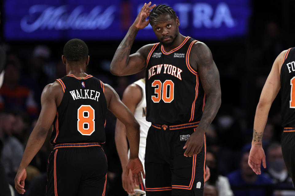 New York Knicks forward Julius Randle (30) reacts against the New Orleans Pelicans during the second half of an NBA basketball game Thursday, Jan. 20, 2022, in New York. The Pelicans won 102-91. (AP Photo/Adam Hunger)