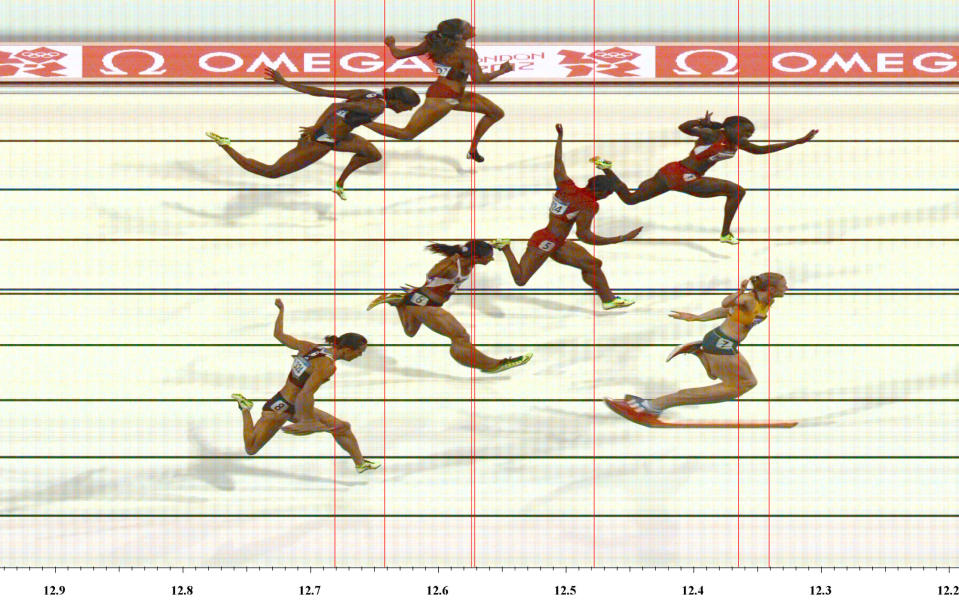 Australia's Sally Pearson wins the women's 100m hurdles final as seen in this official photo finish during the London 2012 Olympic Games