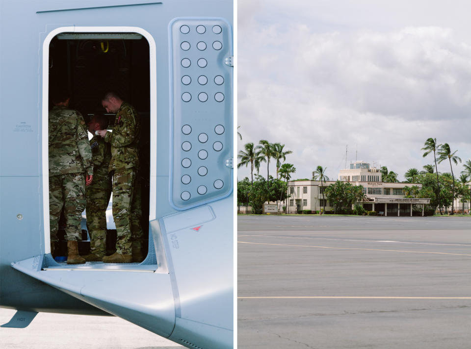 British personnel at Hickam Air Force Base in Honolulu on Sunday. (Josiah Patterson for NBC News)