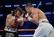 Sep 15, 2018; Las Vegas, NV, USA; Canelo Alvarez (black trunks) and Gennady Golovkin (white trunks) box in the middleweight world championship boxing match at T-Mobile Arena. Alvarez won via majority decision. Mandatory Credit: Joe Camporeale-USA TODAY Sports