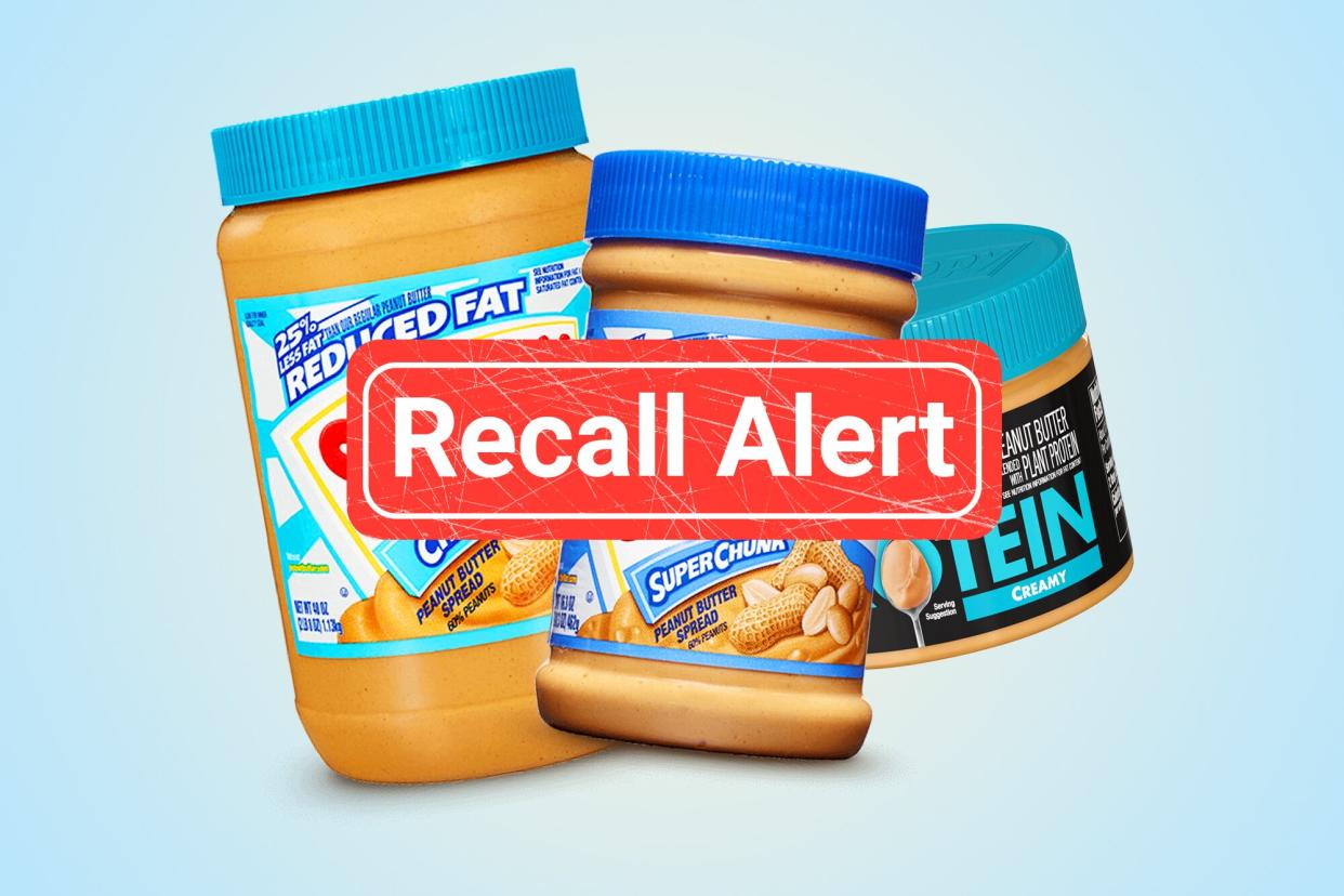 Recall alert button overlaid on 3 containers of Skippy Peanut butter