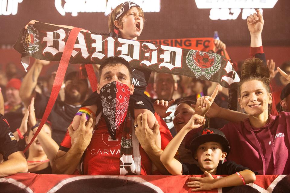 Phoenix Rising FC ffans react during the Rising vs. Tacoma Defiance game at Wild Horse Pass in Chandler, AZ, June 12, 2021. The Rising won 3-0. Benjamin Chambers/The Republic. 