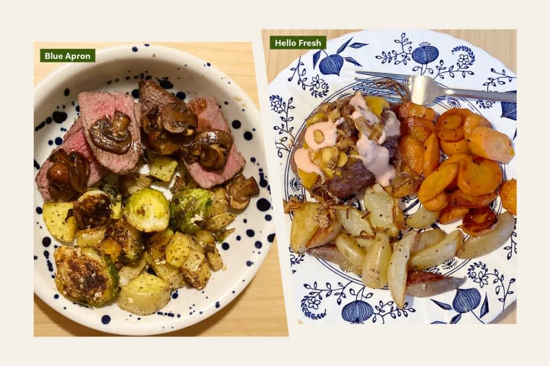 Blue Apron steak next to Hello Fresh meatloaf