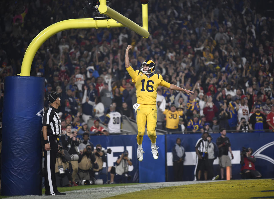 Los Angeles Rams quarterback Jared Goff celebrates after scoring a touchdown against the Kansas City Chiefs in Los Angeles. (AP Photo/Kelvin Kuo)