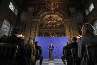 British Prime Minister Boris Johnson outlines his government's negotiating stance with the European Union after Brexit, during a key speech at the Old Naval College in Greenwich, London, Monday, Feb. 3, 2020. (AP Photo/Frank Augstein, Pool)