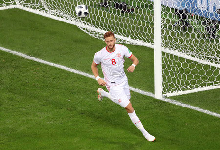 El delantero tunecino Fakhreddine Ben Youssef celebra tras convertir frente a Panamá en su duelo por el grupo G de la Copa del Mundo de la FIFA en Saransk, Rusia, jun 28, 2018. REUTERS/Lucy Nicholson