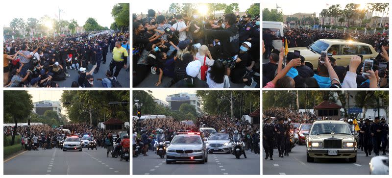 A combination of pictures shows police scuffling with a group of anti-government demonstrators near royal motorcade carrying Thailand's Queen Suthida and Prince Dipangkorn in Bangkok