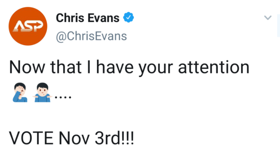 克里斯伊凡發文回應這樁「鳥」事，順便呼籲大家11月3日記得投票。（翻攝自克里斯伊凡推特）