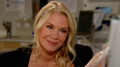  Brooke (Katherine Kelly Lang) has tears in her eyes on The Bold and the Beautiful. 