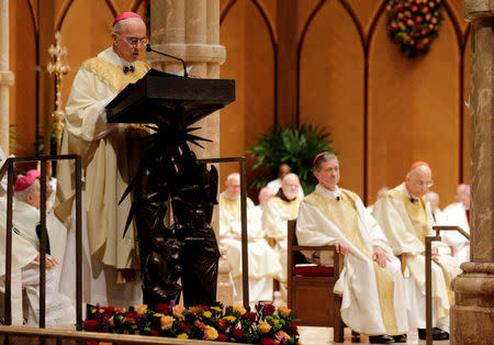 FILE PHOTO: Archbishop Carlo Maria Vigano seen during a mass in Holy Name Cathedral in Chicago, November 18, 2014, while he was Apostolic Nuncio to the United States. REUTERS/Charles Rex Arbogast//File Photo