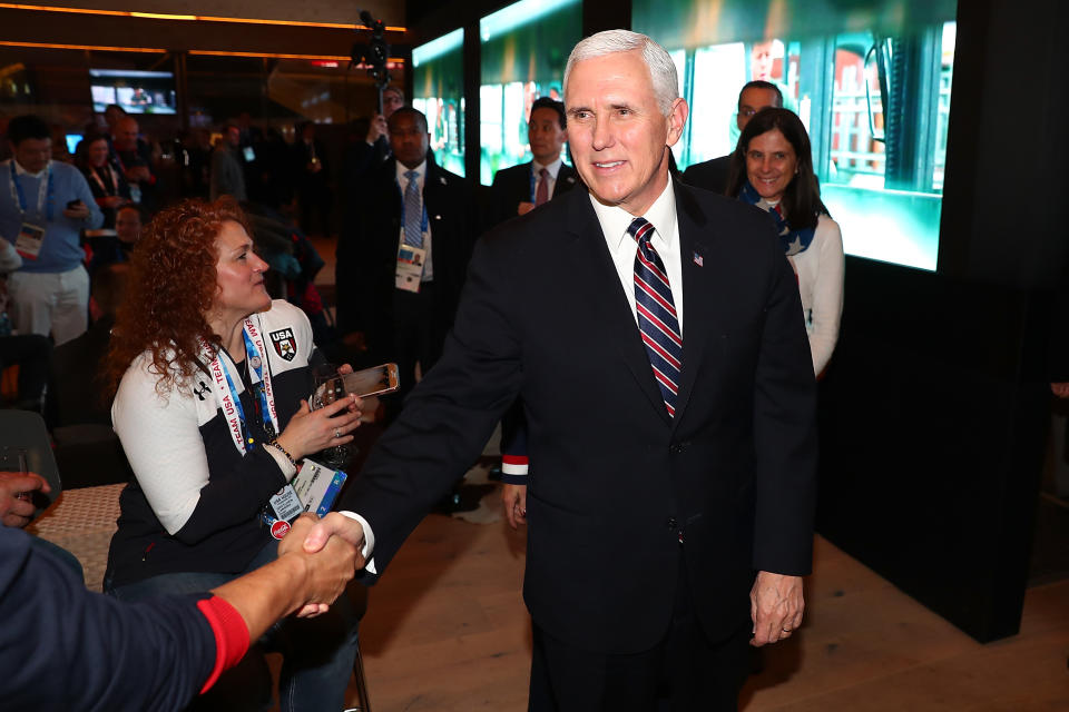 Mike Pence visits with guests at the USA House at the Winter Olympics. (Photo: Joe Scarnici via Getty Images)