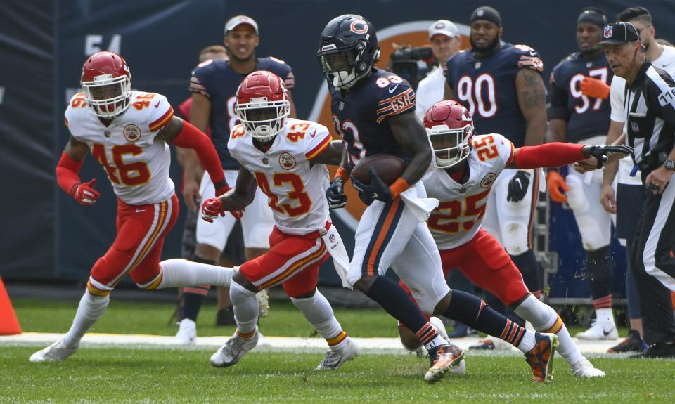 Chicago Bears' Javon Wims catches a pass during the second half of a preseason NFL football game against the Kansas City Chiefs Saturday, Aug. 25, 2018, in Chicago. (AP Photo/Matt Marton)