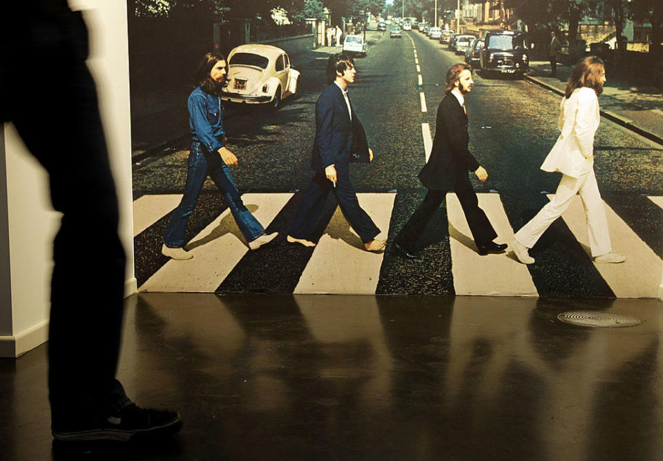 A general view of the 'Abbey Road Studio' room is seen at the Beatlemania exhibition, specifically a photo of the beatles crossing the road