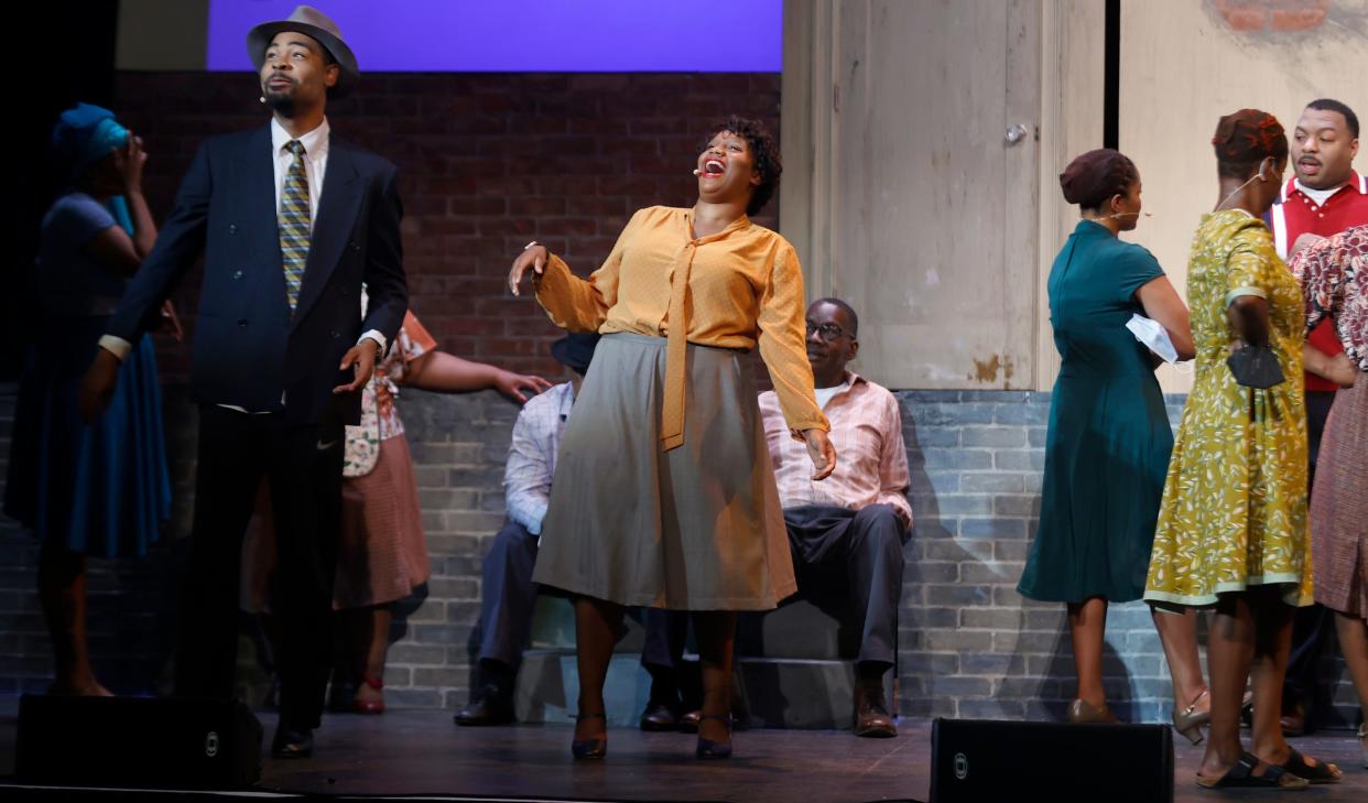 The cast of "Hastings Street" rehearses at the Music Hall Center for Performing Arts in Detroit on Tuesday, July 19, 2022, talking and singing while waiting for their soundcheck to begin. The Plowshares Theatre will stage the jazz musical about Detroit's Black Bottom community July 21-31.