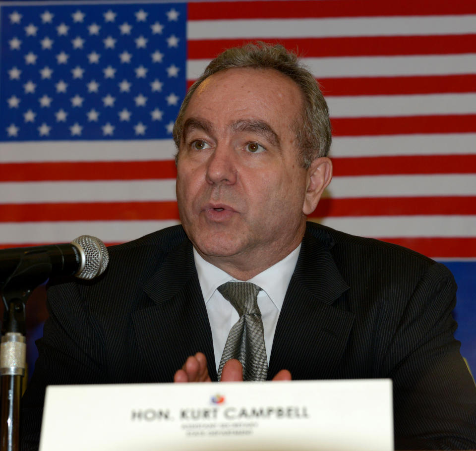 Kurt Campbell  US Assistant Secretary of State for East Asian and Pacific Affairs Kurt Campbell gestures during a press briefing of the 3rd Philippines-United States Bilateral Strategic Dialogue in Manila on December 12, 2012. Philippine and US officials on Wednesday said they agreed to improve bilateral cooperation regarding "maritime security and freedom of navigation" amid China's heightened claims to the South China Sea. Defence and foreign department officials of the two countries also further threshed out plans to boost the rotation of US military forces through the Philippines as part of increased defence cooperation. Philippine Defence Undersecretary Pio Lorenzo Batino said the South China Sea issue was discussed "in the context of the increased rotational presence," of US forces in this country. "We have highlighted the need to uphold maritime security and the freedom of navigation," he said.  AFP PHOTO / JAY DIRECTO        (Photo credit should read JAY DIRECTO/AFP via Getty Images)