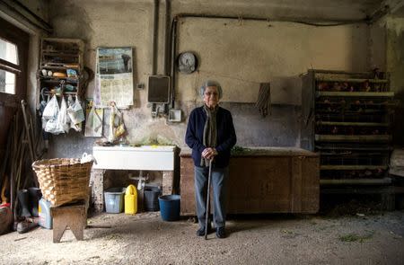 Pilar Fernandez, 101, poses for a portrait in a garage of her home in Ambas, Asturias, northern Spain, October 18, 2016. Fernandez suffered hunger and hardship during the war years alongside her nine brothers and sisters. To avoid history repeating itself, she limited herself to just one child. "From pure fear, I didn't have anymore," says the sprightly woman who lives with her daughter's family and tends livestock and a vegetable garden.ÊREUTERS/Andrea Comas