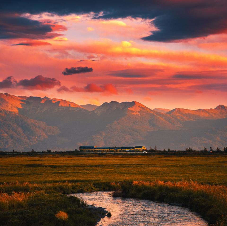 Alaska Railroad's Discovery Train at sunset.