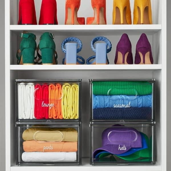 a product shot of a closet with bins used to organize clothes